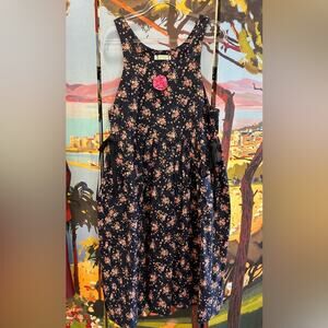 Handmade Navy & Pink Floral Jumper Dress w Ribbon Ties